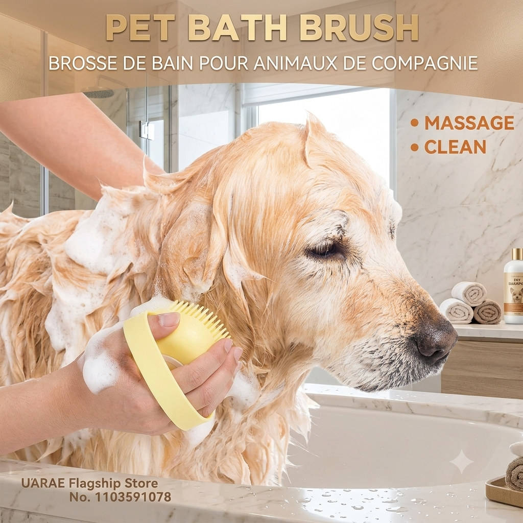 2-in-1 Pet Bath Brush & Shampoo Dispenser – Soft Silicone Massage Brush for Dogs & Cats
