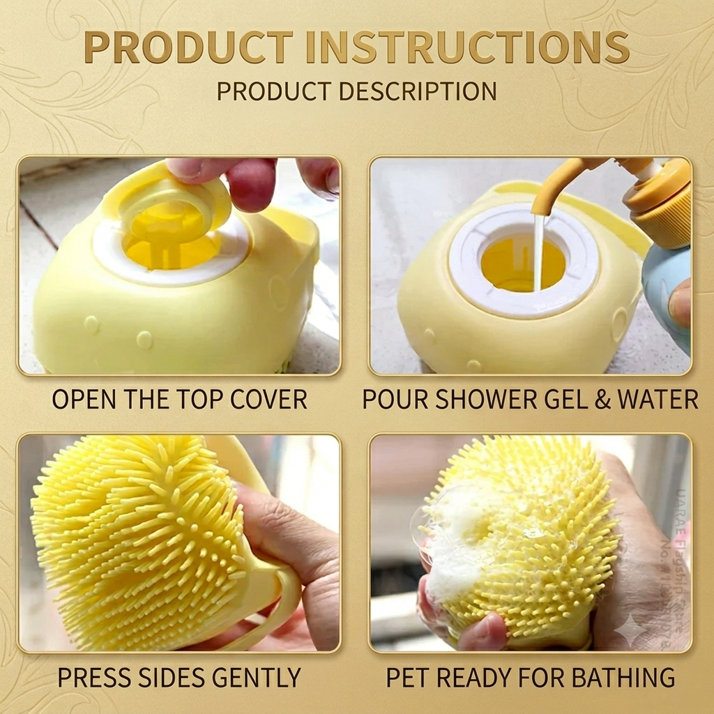 2-in-1 Pet Bath Brush & Shampoo Dispenser – Soft Silicone Massage Brush for Dogs & Cats