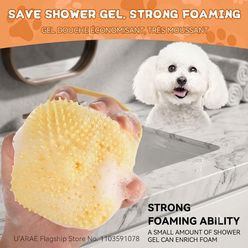 2-in-1 Pet Bath Brush & Shampoo Dispenser – Soft Silicone Massage Brush for Dogs & Cats