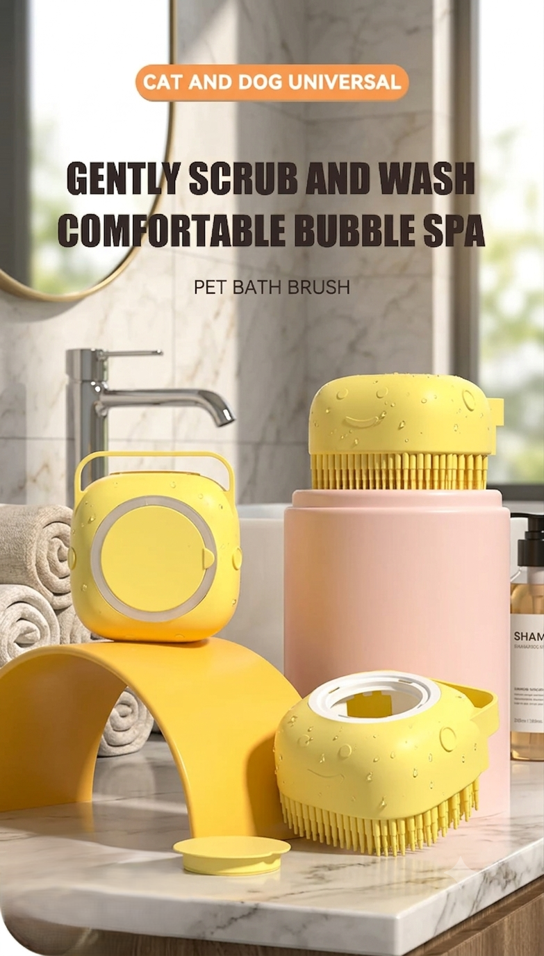 2-in-1 Pet Bath Brush & Shampoo Dispenser – Soft Silicone Massage Brush for Dogs & Cats
